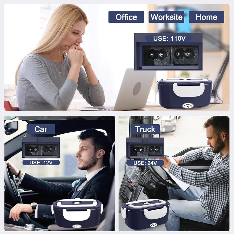 HOLDRUBY Electric Heated Lunch Boxes Adults: 80W Electric Lunch Box Food Heated 12/24/110V 1.5L Heatable Lunch Box for Car/Truck/Office Leak-Proof Stainless Steel Container, Fork & Spoon, Bag (Blue+White) - Image 2